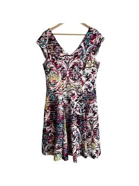 Laura Colourful A-Line Dress Sz L White Rainbow Cap Sleeve V-Neck Fit and Flare